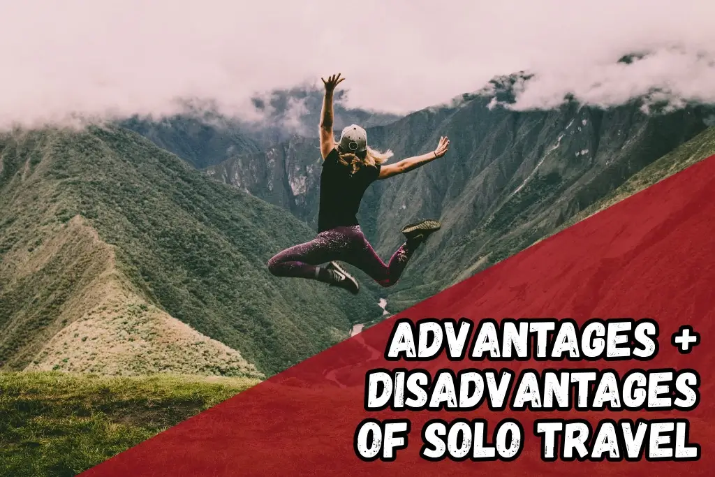 The advantages and disadvantages of travelling alone. Female solo traveller jumping for joy.