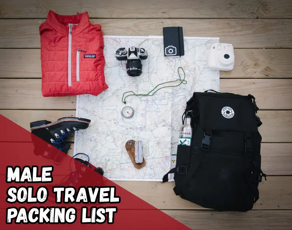 Solo travel packing list male. Gear including map, backpack, shoes and more.