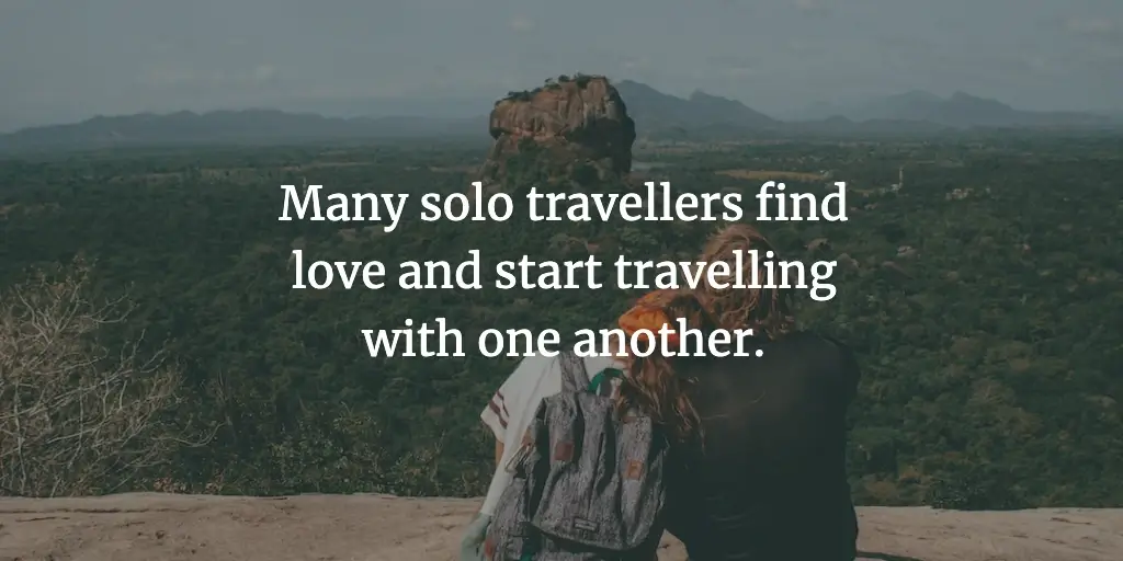 A travel couple in Sri Lanka. The text reads, 'Many solo travellers find love and start travelling with one another.'