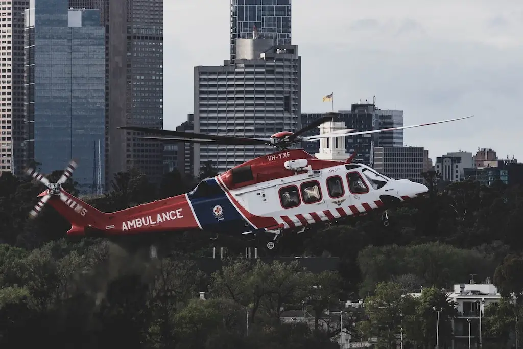 An air ambulance helicopter landing in Melbourne, Australia.