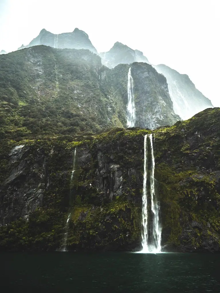 A waterfall in Milford Sound, New Zealand. 