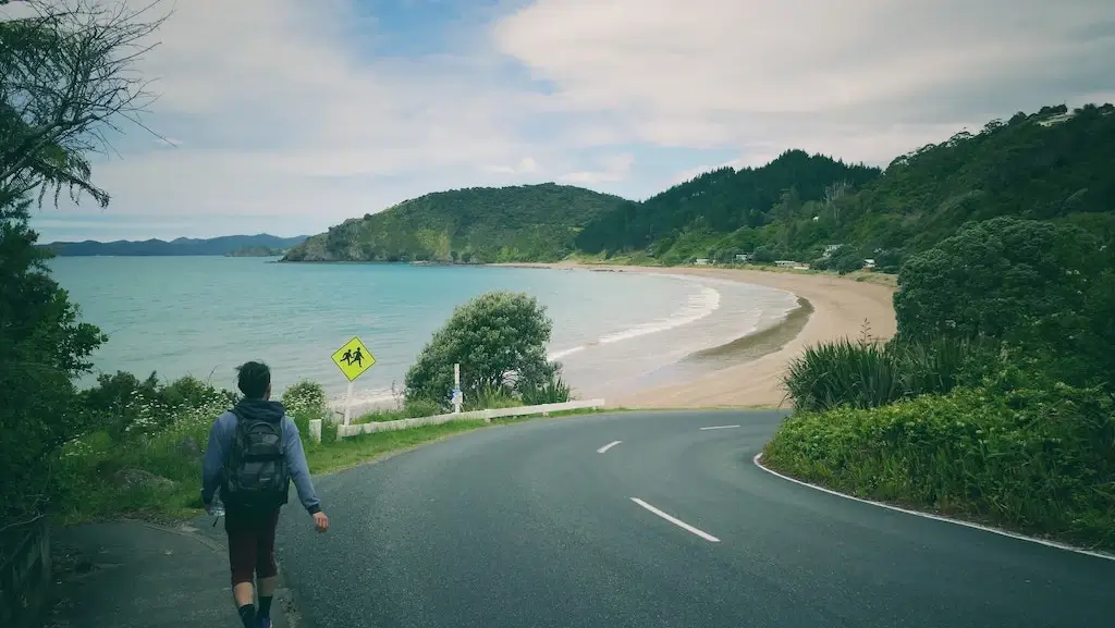 A female travelling alone in New Zealand, walking down the road toward the beach.
