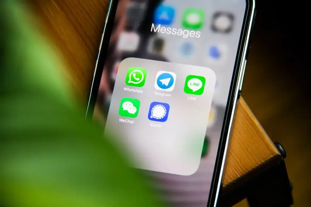 Messaging apps on a phone, including Whatsapp and Telegram