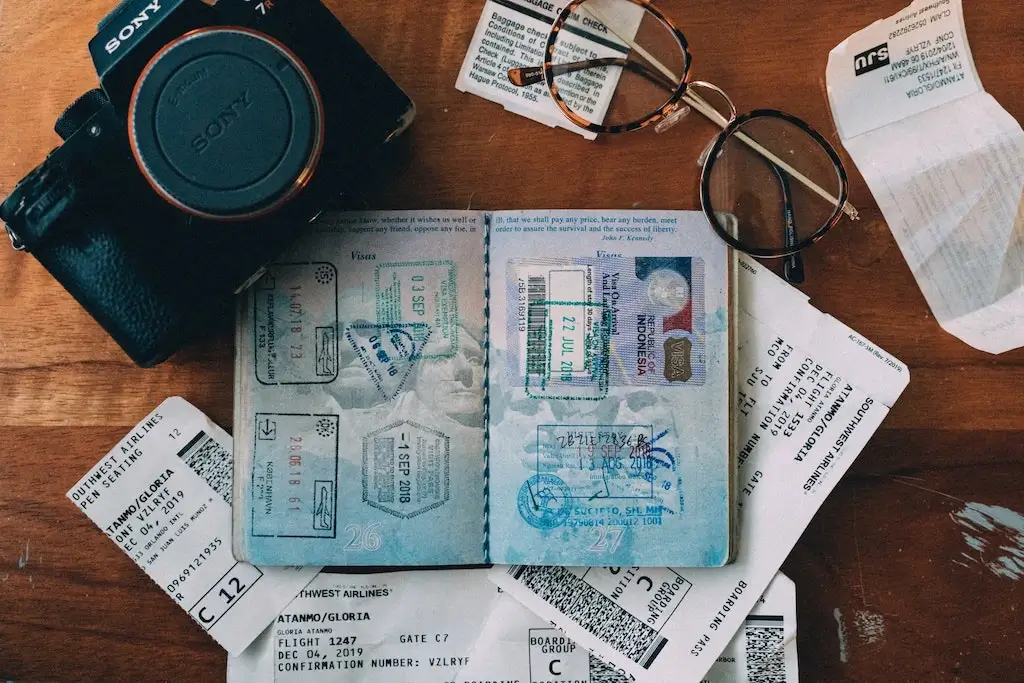 Passport with boarding passes and camera.