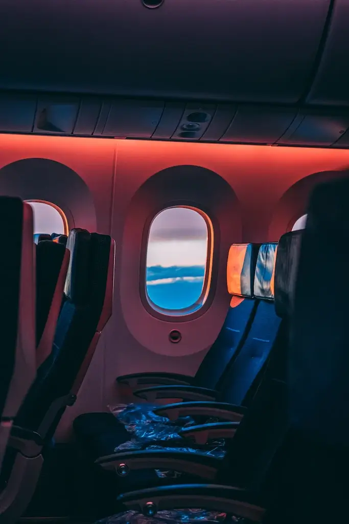 Row of plane seats and window.