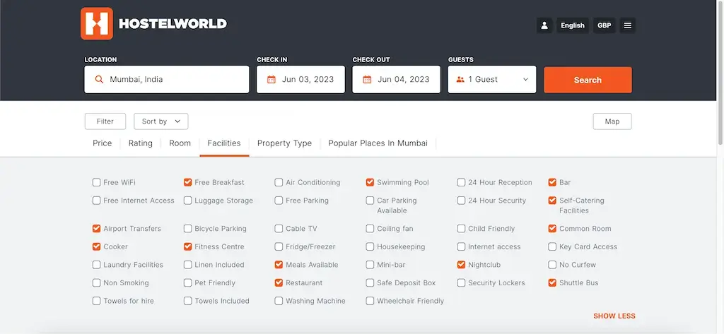 Hostelworld search filters