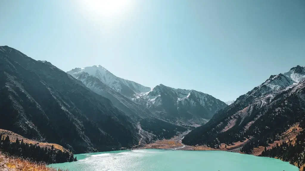 Almaty Lake surrounded by mountains in Kazakhstan.