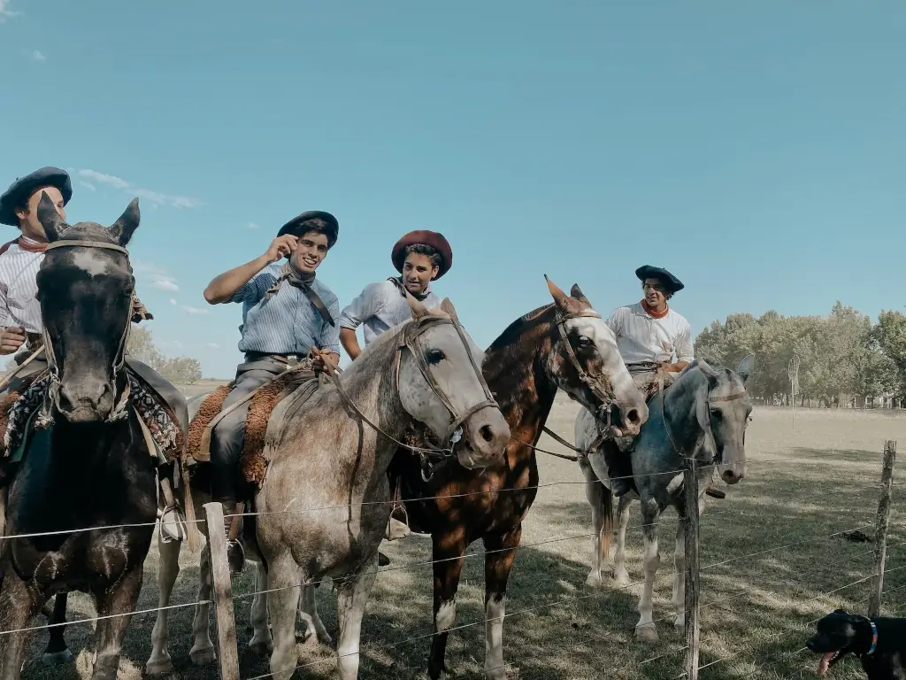 Gaucho cowboys on horses in San Antonio de Areco, Argentina. 
