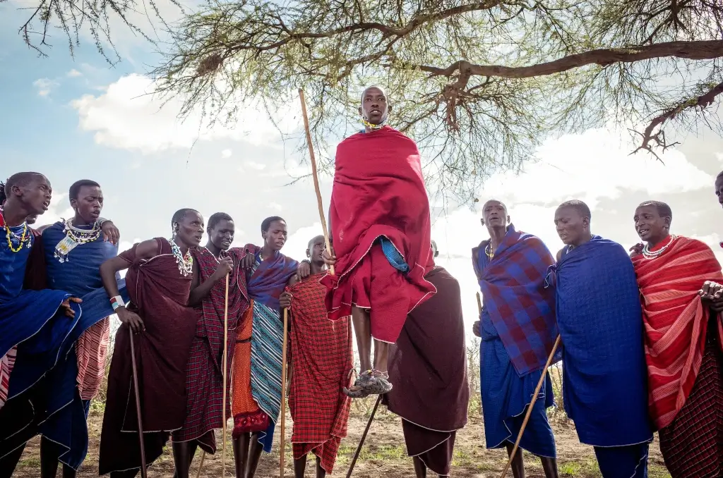 Masai tribesmen jumping during a ceremony in Tanzania.