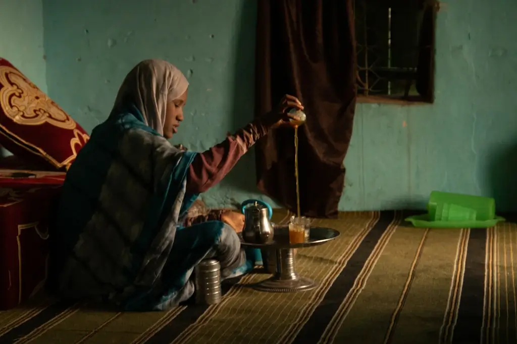 Muslim woman preparing tea in her home near Maden, Mauritania. 