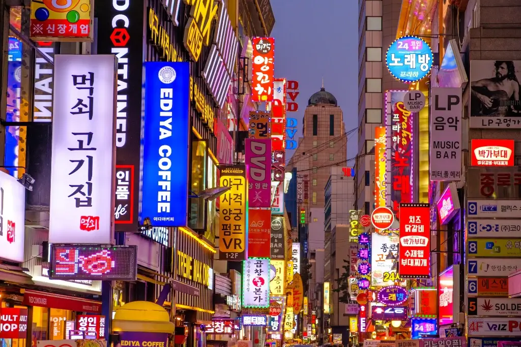 Neon street signs in Seoul, South Korea. 