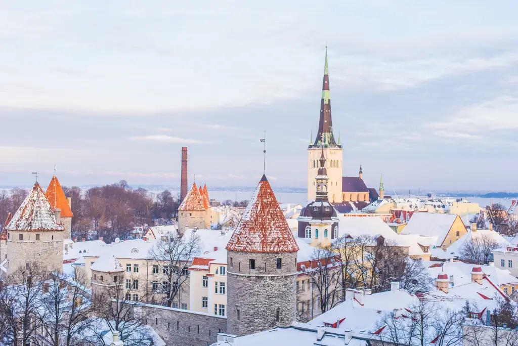 Old Town Tallinn covered in snow in Estonia. 
