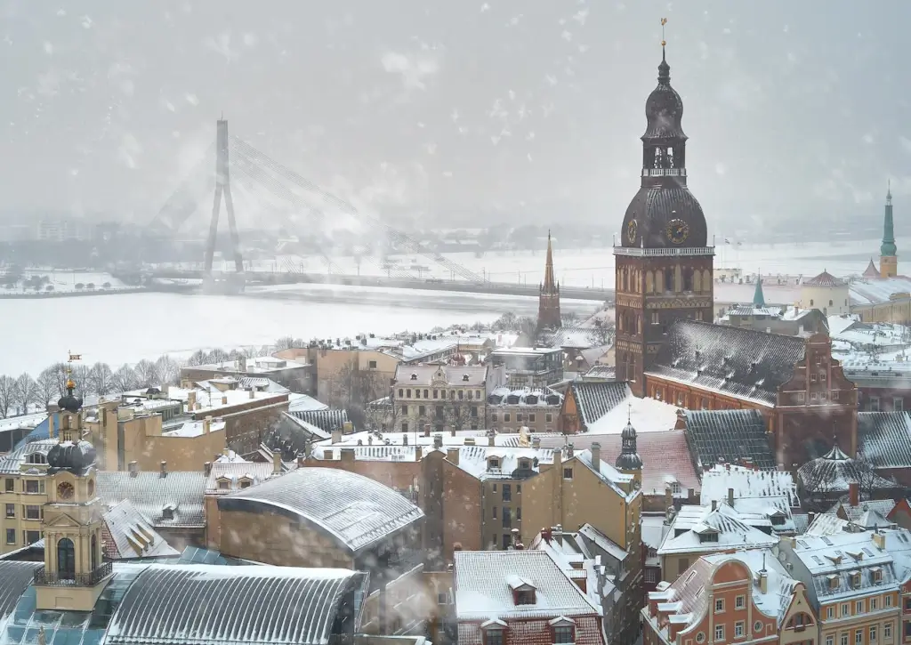 City of Riga covered in snow in Latvia. 
