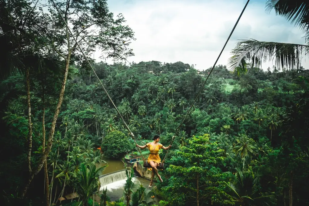 Solo female traveller on a swing in the forest in Bali, Indonesia. 